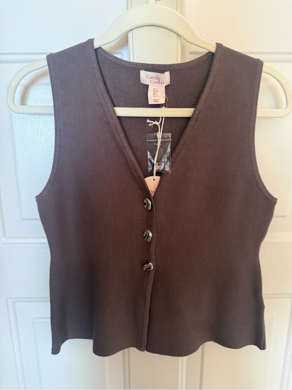 Camila Coelho Chocolate Brown Sleeveless Button-Down Knit Tank - Size Small